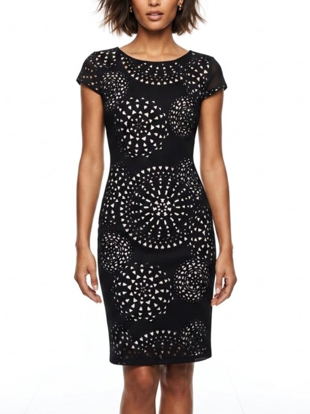DRESS BARN Signature Camryn Geometric Laser Cut Mod Goth Sheath Dress Size 12